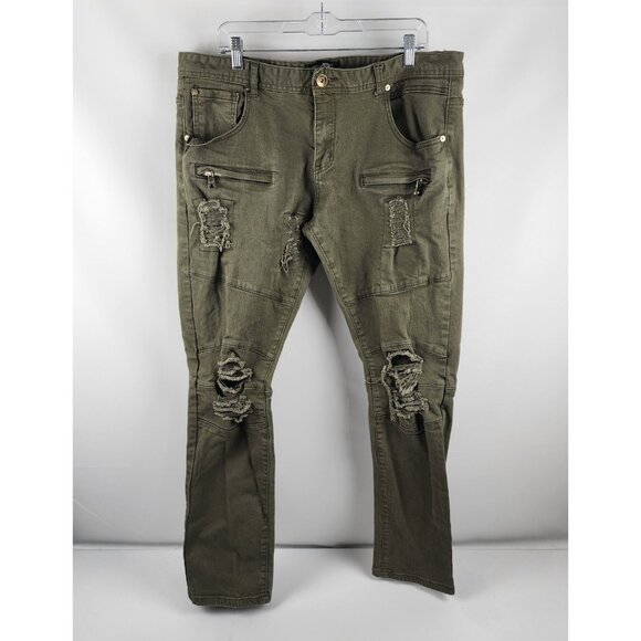 Eighth Dstrkt Jeans Mens 40x33 Green Distressed Biker Denim - Picture 1 of 12